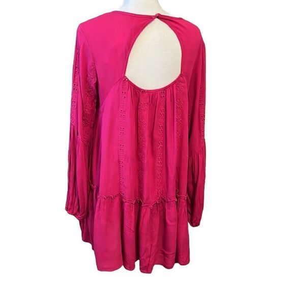 NWT Adiva bright pink LS mini dress or tunic keyhole flowy flouncy ruffles lace - Picture 3 of 16